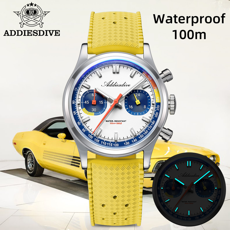 Rubber Strap Diver - ADDIESDIVE Modische Herren-Quarz-Armbanduhr VK64 Chronograph, gewölbtes