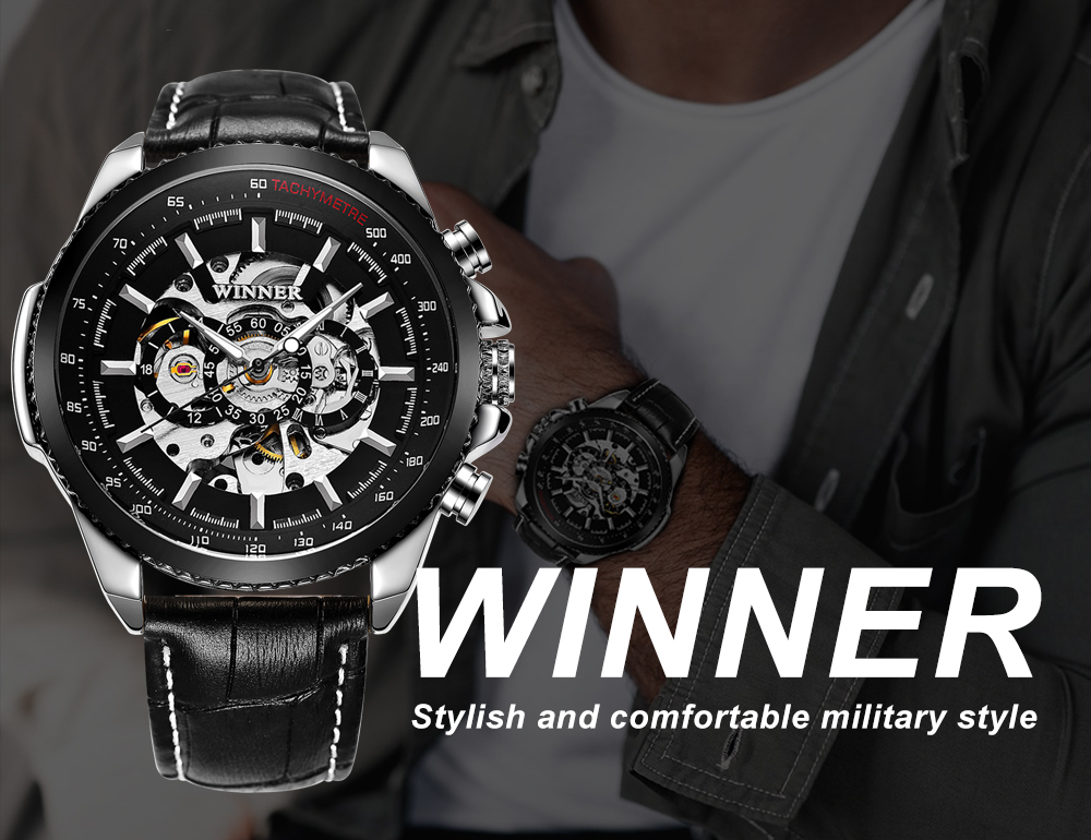 GEWINNER Militär Skeleton Auto – Leather Watch Band Men Bewertung und Preis