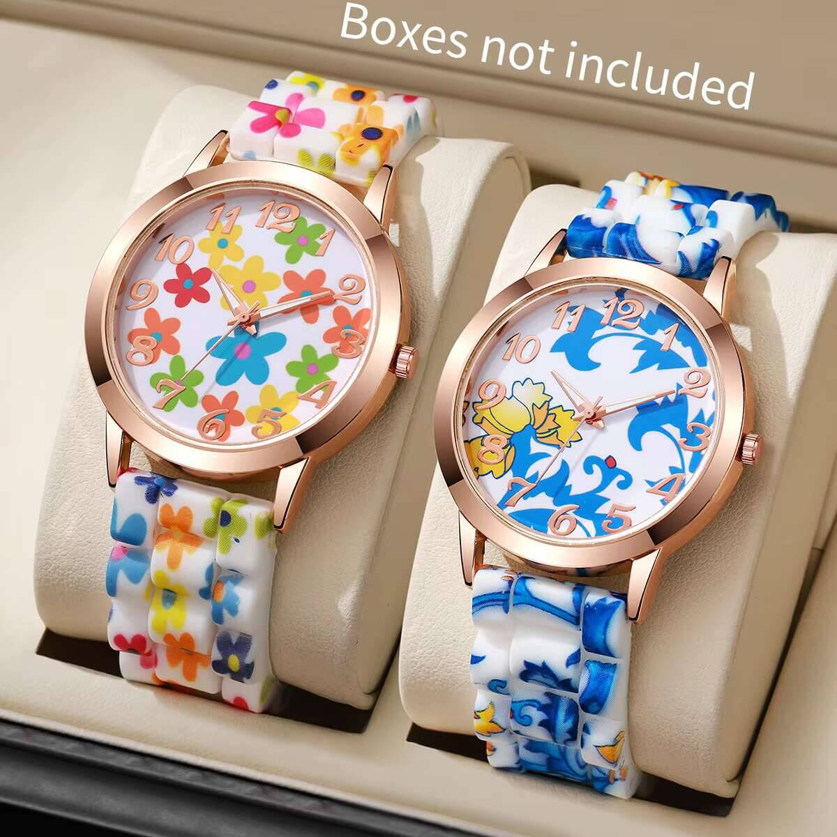 2PCS Mode Blumenmuster Damenuh – Silicone Band Women Bewertung und Preis