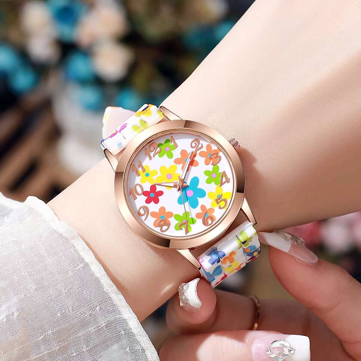 2PCS Mode Blumenmuster Damenuh – Silicone Band Women Bewertung und Preis